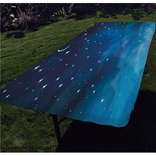 Sky Polyester Fitted TableclothAbstract Night Time Illustration Stars and Crescent Moon Constellation Astrology Decorative Rectangular Elastic Edge Fitted Table CoverFits Rectangular Tables 72x32 B