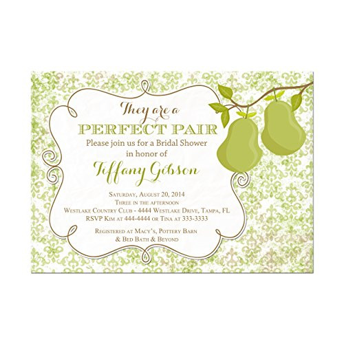 Perfect Pair Pear Bridal Shower Invitations Green Damask Couples Shower Base price is for a set of 10 5x7 inch card stock invitations with white envelopes