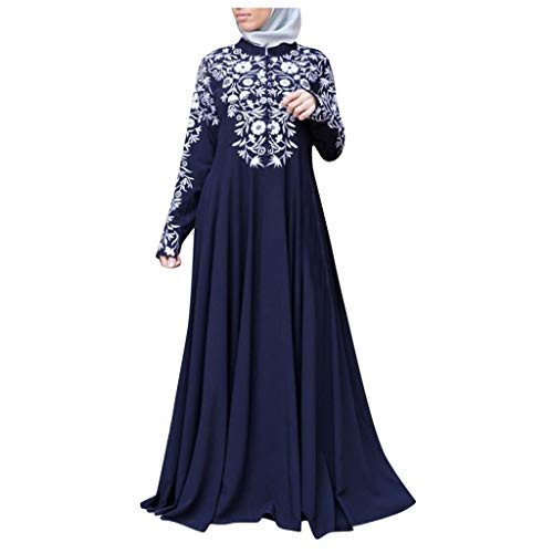 Women Muslim Dresses Casual Vintage Kaftan Arab Jilbab Abaya Evening Gown Islamic Lace Plus Size Maxi Dress -L Blue-