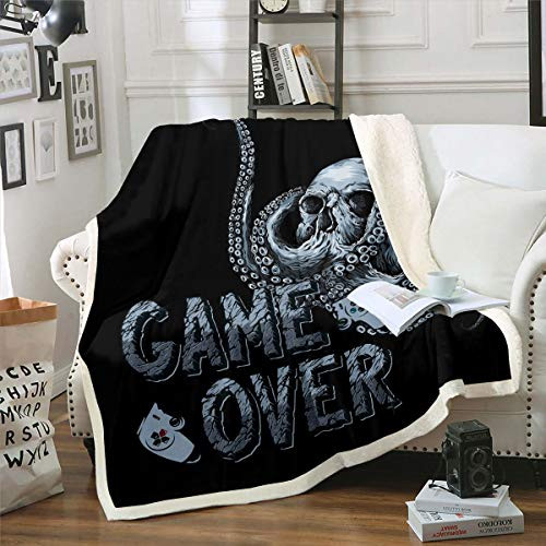 Erosebridal Gamer Blanket Throw Octopus Skull Sherpa Blanket Sugar Skull Gamepad Fleece Blanket for Kids Teen Boys Young Man Video Games E-Sports Fuzzy Blanket Throw 50"x60" Bedroom Decor