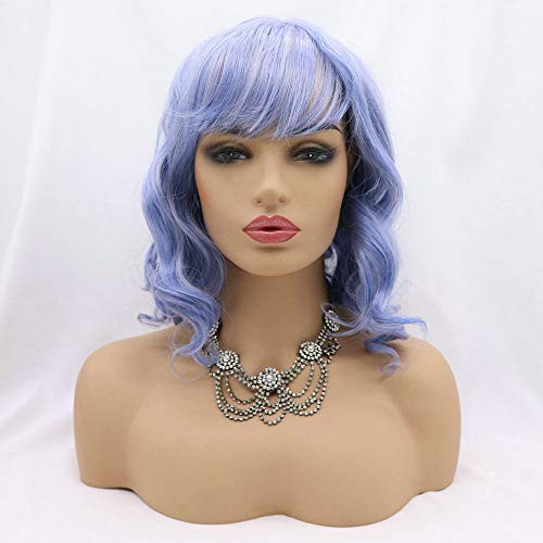 RainaHair 14inch Shoulder Length Short Bob Wigs with Air Bangs Women's Short Wig Curly Wavy Synthetic Full Machine Pastel Bob Cosplay Costume Wigs