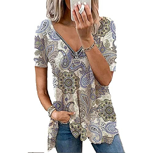 Women's Short Sleeve Cold Shoulder T Shirts Summer Blouses with Zipper Tops V-Neck Print Plus Size Tunics Tops Gray Women's Short Sleeve Cold Shoulder T Shirts Summer Blouses with Zipper Tops V-Neck Print Plus Size Tunics Tops Gray