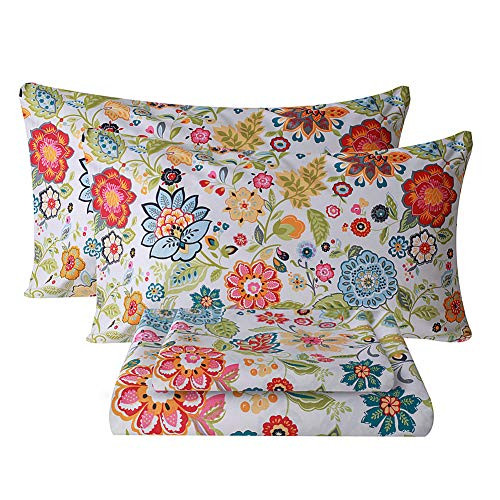 Bedlifes Queen Sheet Set Floral Sheets Ultra Soft Flower Patterned Printed Bed Sheets Deep Pocket Flat Sheet and  Fitted Sheet and  Pillowcases 100 percent Microfiber 4 Piece Queen Size Spring