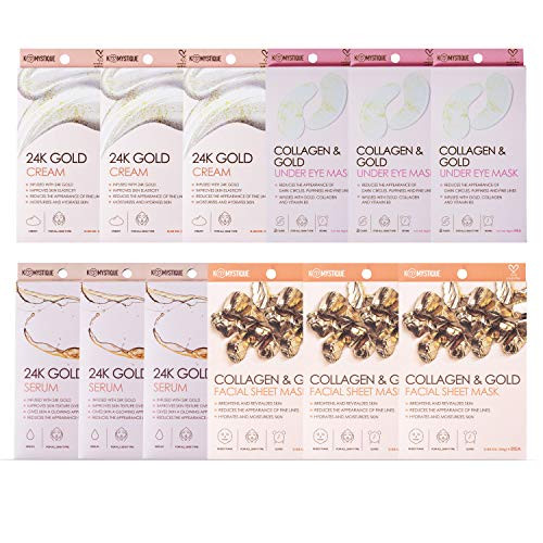 K- Mystique - 24K Gold Collection | Bundle Kit of Collagen/Gold Facial Sheet Mask | 24K Gold Cream and Serum | Collagen and Gold Under Eye Mask -3 of Each-