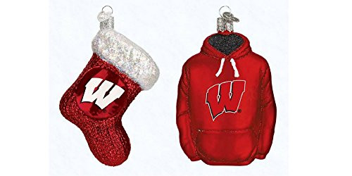 Old World Christmas Wisconsin Hoodie and Wisconsin Stocking Set of Glass Blown Ornaments by