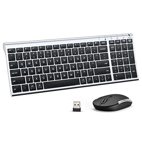 iClever GK03 Wireless Keyboard and Mouse Combo - 2.4G Portable Wireless Keyboard Mouse, Rechargeable Battery Ergonomic Design Full Size Slim Thin Stable Connection Adjustable DPI, Silver Black