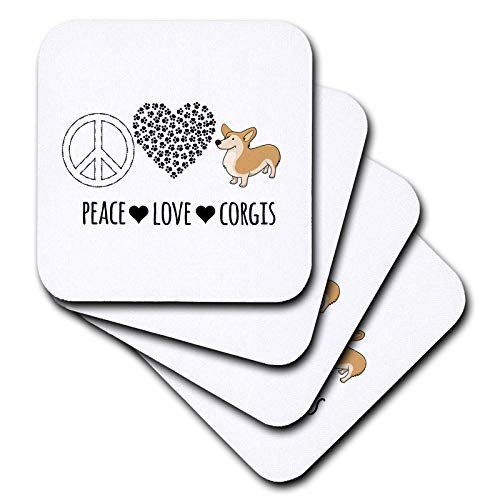 3dRose Peace Love Corgis with peace sign, paw heart, and corgi clip art. - Coasters -cst-337868-3-