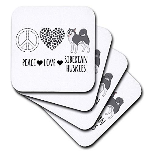 3dRose Peace Love Siberian Huskies peace sign, paw heart, and husky clip. - Coasters -cst-337913-3-