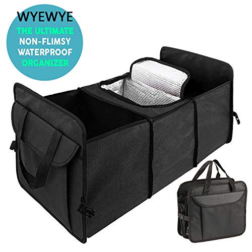 WYEWYE Car Trunk Organizer, Auto Trunk Cargo Organizer with Cooler Compartment,Car Storage Box for SUV Truck, Multi Compartments Collapsible Cargo Storage, Black