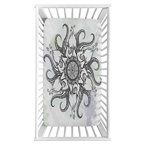 Lyzelre Octopus Fitted Crib Sheet,Trippy Nautical Abstract Artwork with Tentacle and Floral Elements Design Microfiber Silky Soft Toddler Mattress Sheet Fitted,28"x 52"x 8'',Baby Sheet for Boys Girls