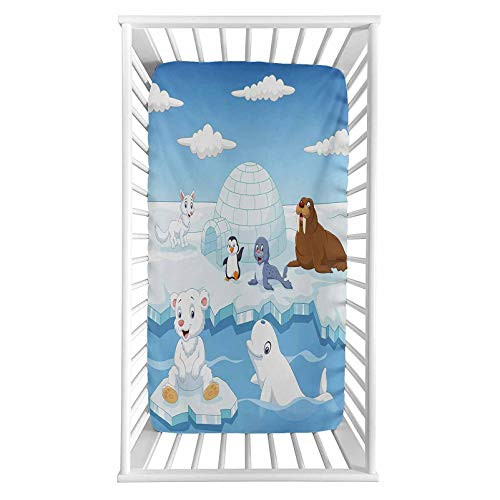 Lyzelre Kids Fitted Crib Sheet,Image of Arctics Animals Polar Bears Seal Penguins Wolfs Whales Work of Art Microfiber Silky Soft Toddler Mattress Sheet Fitted,28"x 52"x 8'',Baby Sheet for Boys Girls