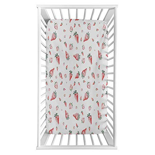 Lyzelre Strawberry Fitted Crib Sheet,Grunge Pattern with Tropical Fruits Healthy Living Organic Eating Microfiber Silky Soft Toddler Mattress Sheet Fitted,28"x 52"x 8'',Baby Sheet for Boys Girls