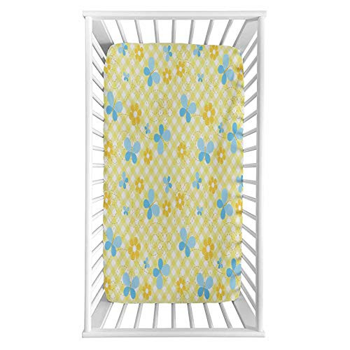 Lyzelre Checkered Fitted Crib Sheet,Kids Pattern with Daisy Flower Figures and Cute Butterflies Microfiber Silky Soft Toddler Mattress Sheet Fitted,28"x 52"x 8'',Baby Sheet for Boys Girls
