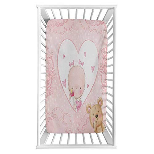 Lyzelre Gender Reveal Fitted Crib Sheet,Girls Baby with Teddy Bear Flowers Hearts and Polka Dots Print Microfiber Silky Soft Toddler Mattress Sheet Fitted,28"x 52"x 8'' for Boys Girls