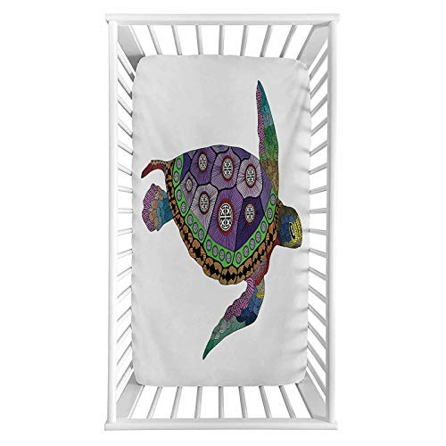 Lyzelre Psychedelic Fitted Crib Sheet,Sea Turtle with Colorful Ornamental Style Tattoos on Animal Art Work Microfiber Silky Soft Toddler Mattress Sheet Fitted,28"x 52"x 8'',Baby Sheet for Boys Girls