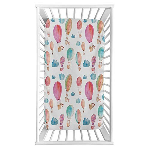 Watercolor Fitted Crib Sheet,Hand Painted Style Cute Floating Hot Air Balloons with Blue Clouds Print Microfiber Silky Soft Toddler Mattress Sheet Fitted,28"x 52"x 8'',Baby Sheet for Boys Girls
