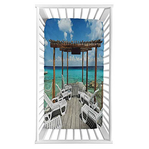 Lyzelre Travel Fitted Crib Sheet,Beach Sunbeds Ocean Sea Scenery with Wooden Seem Pier Image Print Microfiber Silky Soft Toddler Mattress Sheet Fitted,28"x 52"x 8'',Baby Sheet for Boys Girls