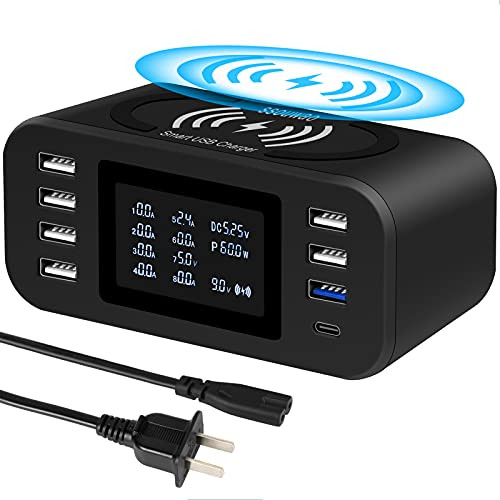 USB Charger, ssouwao 60W/12A-8 Ports Desktop USB Charging Station with LCD Display, QC 3.0  and  USB C Charger Hub Wireless Charger for iPhone 12 Pro Max XS, iPad Pro Air Mini, Samsung, Tablet and More