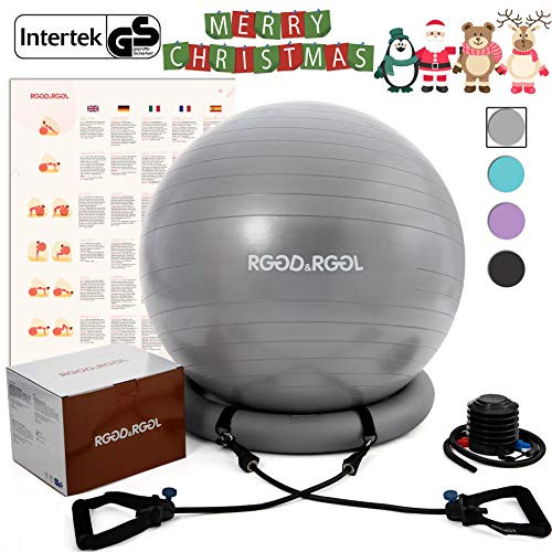 RGGD and RGGL Exercise Ball Chair-55-75cm-, Extra Thick Yoga Ball with Adjustable Resistance Bands, Stability Ring, Workout Guide,Anti-Burst Balance Ball for Workout and Fitness -Sliver, 55cm-