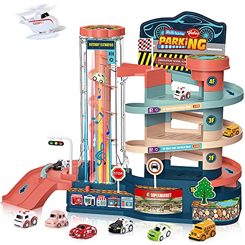 VATOS Garage Track Set Toy for Kids - Electric and Manual Toddler Car Track Toy Playset with 6 Cars and 1 Helicopter | Parking lot Toy with Light Sound and 3-Level Race Track for 3 4 5 6 Year Old Boy Girl VATOS Garage Track Set Toy for Kids - Electric and Manual Toddler Car Track Toy Playset with 6 Cars and 1 Helicopter | Parking lot Toy with Light Sound and 3-Level Race Track for 3 4 5 6 Year Old Boy Girl