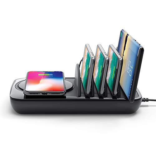Merkury Innovations Smart Charging Station Dock & Organizer for Smartphones with QI Compatible Wireless Charger, Charge Phones & Tablets - 4-Port Multiple USB Charger Station & Phone Docking Station