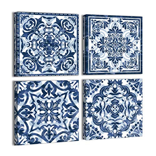 Boho Bathroom Decor Canvas Wall Art Navy Blue Theme Wall Decor for Bedroom Pictures Abstract Framed Artwork Decor Modern Flower Pattern Paintings for Living Room Wall Decoration Size 14x14x4 Panels