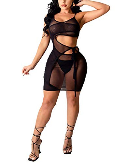 OLUOLIN Women Sexy Sheer Mesh Bodycon Mini Dress See Through Spaghetti Strap Lace Up Cut Out Club Dresses Black OLUOLIN Women Sexy Sheer Mesh Bodycon Mini Dress See Through Spaghetti Strap Lace Up Cut Out Club Dresses Black