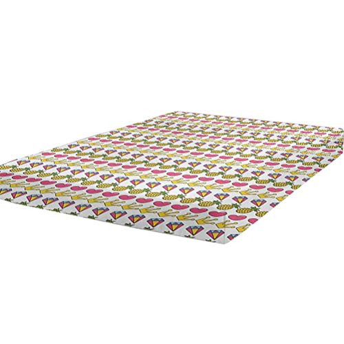 LCGGDB Doodle Bedding Fitted Sheet Twin Size,Heart Crown Gemstone and Pine Children Cartoon Design Colorful Illustration Stain Resistant Deep Pocket Bed Sheet,Multicolor
