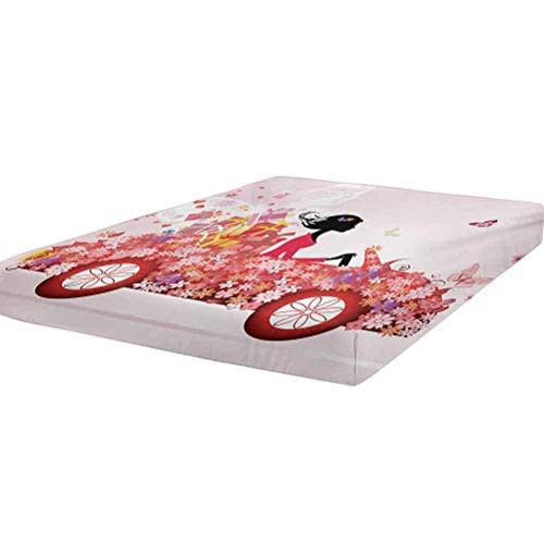 Cars Bedding Fitted Sheet Twin Size,Girl on a Car with Floral Present Boxes Butterflies Daisies Little Hearts Soft Brushed Microfiber - Deep Pockets,1 Bed Fitted Sheet Only,Pink Dark Coral Black