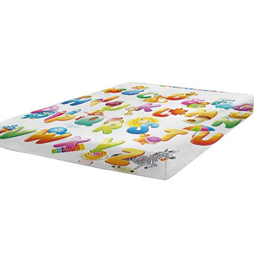 LCGGDB Educational Bedding Fitted Sheet Twin Size,Cheerful Cartoon Fun Alphabet Design for Kids Cute Font Preschool Kindergarten Soft Decorative Fabric Bedding All-Round Elastic Pocket,Multicolor