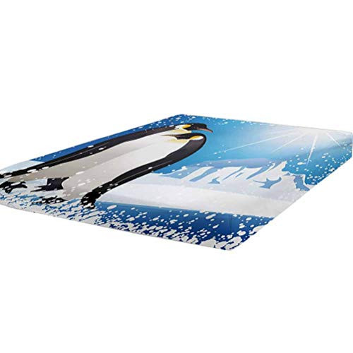 LCGGDB Winter Fitted Sheet Twin Size,Cute Penguins on Iceland at Arctic Snowy Frozen Climate Kids Illustration Stain Resistant Deep Pocket Bed Sheet,Sky Blue White Black