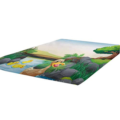 LCGGDB Rubber Duck Fitted Sheet Twin Size,Cartoon Mother and Ducklings River Kids Fun Farm Animals Print Outdoor Feathers Soft Brushed Microfiber - Deep Pockets,1 Bed Fitted Sheet Only,Multicolor