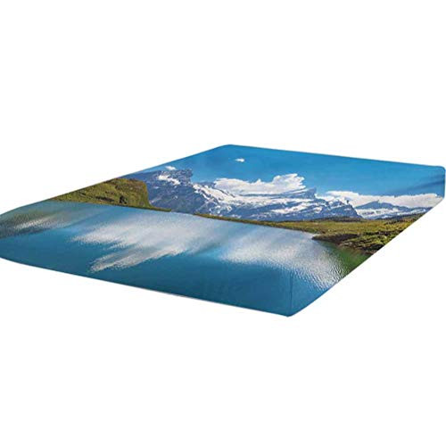 LCGGDB Landscape Fitted Sheet Twin Size,Dreamy View of Alpine Lake with Snow Frozen Peaks Swiss Northern Explore Soft Decorative Fabric Bedding All-Round Elastic Pocket,Blue Green White