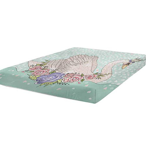 LCGGDB Queen Bedding Fitted Sheet Twin Size,Cute Cartoon Swan on Water Crown Flowers Dreamy Fairytale Kids Playroom Stain Resistant Deep Pocket Bed Sheet,Mint Green Beige Coral