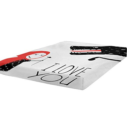 LCGGDB I Love You Bedding Fitted Sheet Twin Size,Girl Giving Valentines Bouquet to Wolf Cartoon Fairytale Characters Stain Resistant Deep Pocket Bed Sheet,Red Charcoal Grey