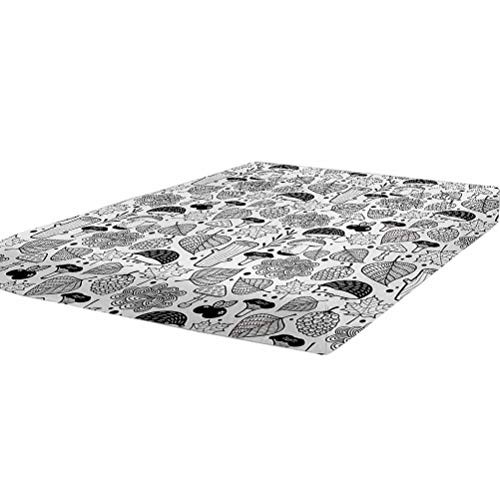 LCGGDB Hedgehog Fitted Sheet Twin Size,Ecological Nature Elements Woodland Pattern Black and White Doodle Composition Soft Brushed Microfiber - Deep Pockets,1 Bed Fitted Sheet Only,Black White