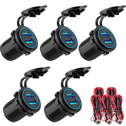 [5 Pack- Quick Charge 3.0 12V USB Outlet, Waterproof Dual USB Charger Socket with Touch Switch DIY Kit for 12V/24V Car, Golf Cart, Boat, RV, Motorcycle, Truck ect - More Affordable Pack