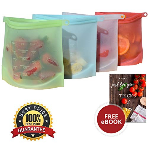 Reusable Food Storage Bags  Pack Of 4 Silicone Produce Bags With Airtight Zip Seal  Sous Vide Cooking Bags For Lunch, Snacks, Vegetables, Sandwiches  Heat Resistant, Freezer & Dishwasher Safe