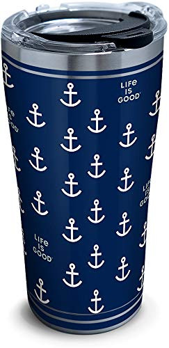 Tervis 1314677 Life is Good - Navy Anchor Pattern Stainless Steel Insulated Tumbler with Lid 20 oz Silver