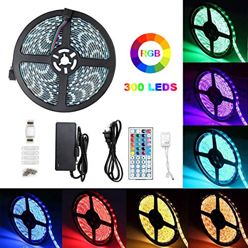 Led Strip Lights Waterproof 5050 RGB 16.4ft/5m 300leds Color Changing Strip Light with 44Keys IR Remote Outdoor Decoration Lighting Strips with12V Power Supply for Home TV Indoor Dec Led Strip Lights Waterproof 5050 RGB 16.4ft/5m 300leds Color Changing Strip Light with 44Keys IR Remote Outdoor Decoration Lighting Strips with12V Power Supply for Home TV Indoor Dec