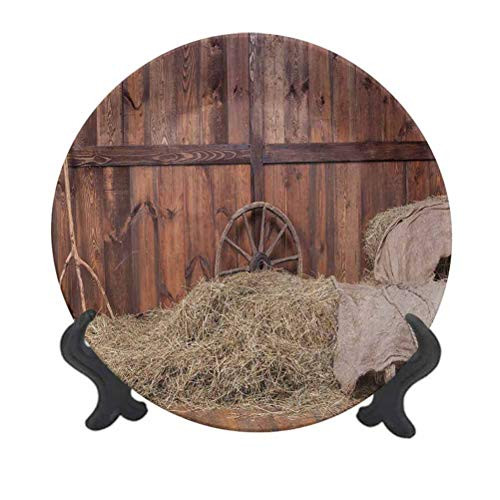 SfeatrutMAT 6" Barn Wood Wagon Wheel Ceramic Plate,Rural Old Horse Stable Barn Interior Hay and Wood Planks Image Print Ceramic Decorative Plate for Home Decor Brown Dust