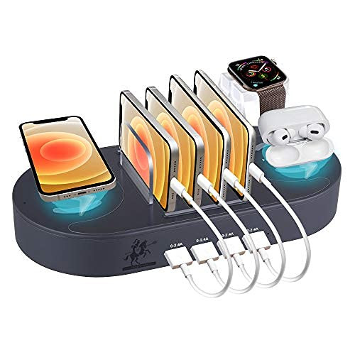 Wireless Charging Station for Multiple Devices,Fast Charging Station,2 Wireless Charging 4 USB Port Family Charge Docking-Organizer Compatible with iPhone/iPad/iWatch -2 Qi Wireless and 4USB and Black-