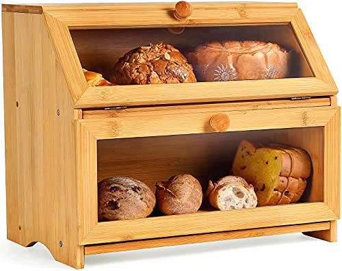 Xergur Double Compartment Bread Box - Extra Large Bamboo Bread Box For Kitchen Countertop, with Clear Window, Farmhouse Style Double Layer Bread Storage Bin Holder -Self-Assembly- Xergur Double Compartment Bread Box - Extra Large Bamboo Bread Box For Kitchen Countertop, with Clear Window, Farmhouse Style Double Layer Bread Storage Bin Holder -Self-Assembly-