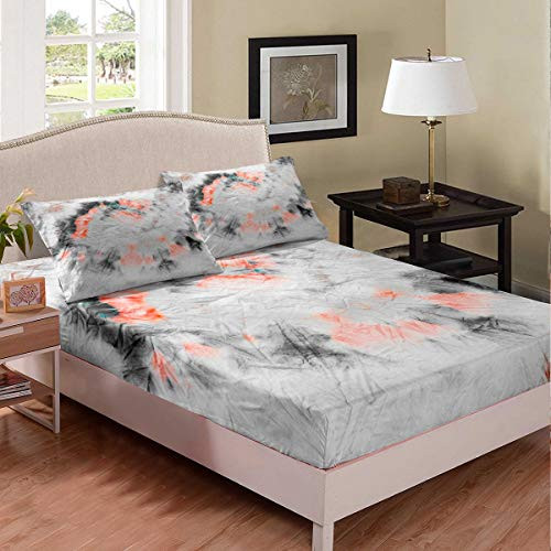 Erosebridal Tie Dye Fitted Sheet Colorful Tie Dye Sheet Set Grey Bed Cover Abstract Pattern Room Decortion Bedding Set with Deep Pocket -1 Fitted Sheet 2 Pillow Cases-,Full Size