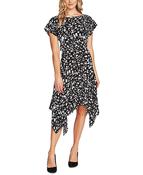 Vince Camuto Printed Handkerchief-Hem Dress -Rich Black, 6-