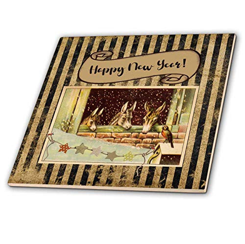 3dRose Image of Donkeys, Stable, Bird on Birdhouse, Winter Night, New Year - Tiles -ct-340959-4-