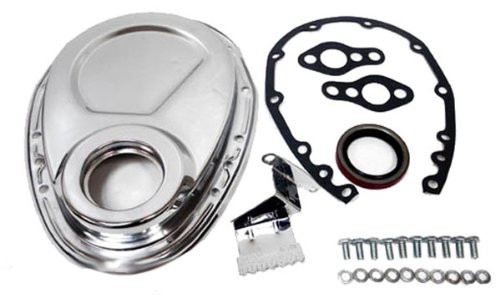 1955-95 Compatible/Replacement for Chevy Small Block 283-305-327-350-400 Steel Timing Chain Cover Set w/Timing Tab - Chrome