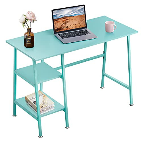 VECELO Writing Computer Study Desk with 2 Tier Storage Shelves on Left or Right,Industrial Simple Style Wood Table Metal Frame for Home Office,Blue, 43"x20"x30"