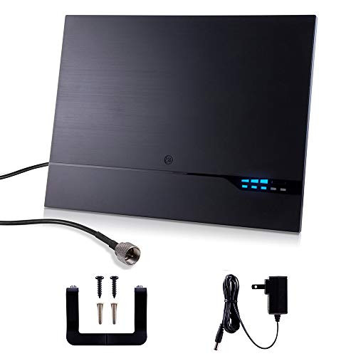 GE Amplified HD TV Antenna, LED Signal Strength Meter, Long Range, Supports 4K 1080P UHF VHF HDTV Channels, Amplifier Signal Booster, 10ft Coax Cable and AC Adapter, Indoor, 40529