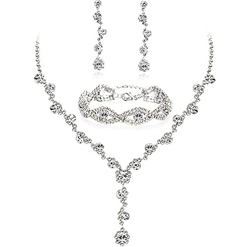 YANODA Clear Crystal Wedding Jewelry for Bride Rhinestone Necklace Earrings Bracelet Jewelry Set for Wedding Gifts Silver-Tone Bridal Bridesmaid Wedding Evening Party Prom Jewelry Set